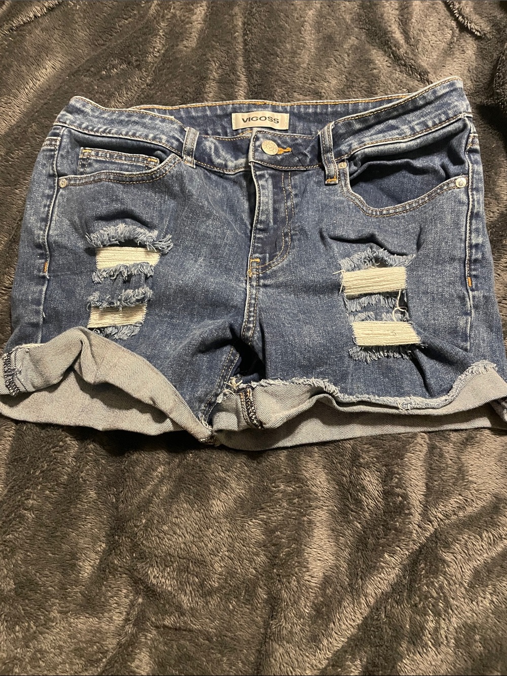 Vigoss Medium Blue Distressed Roll-Cuff Denim Shorts